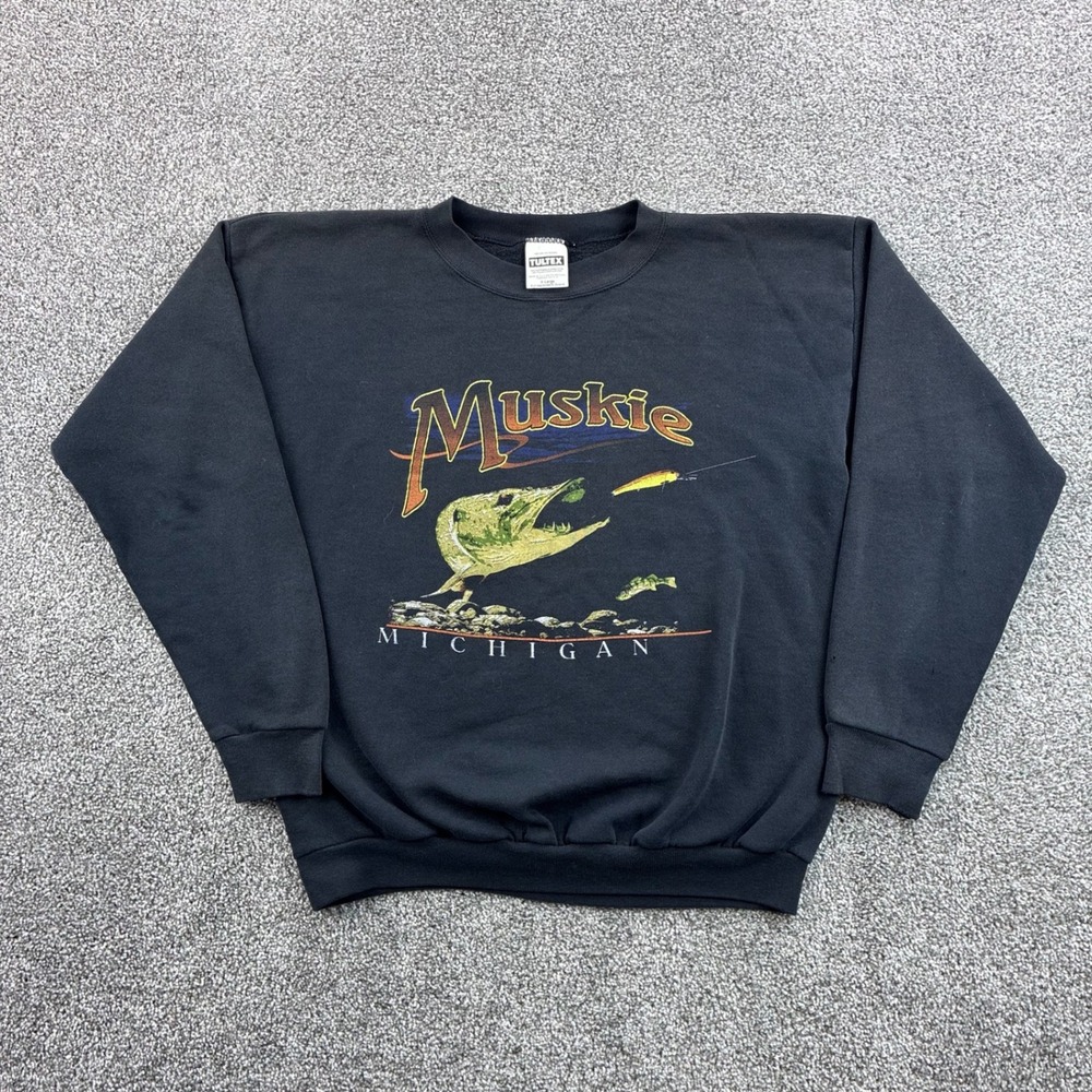 Vintage Muskie Fishing Sweatshirt Mens XL Black Michigan Fish USA Muskellunge